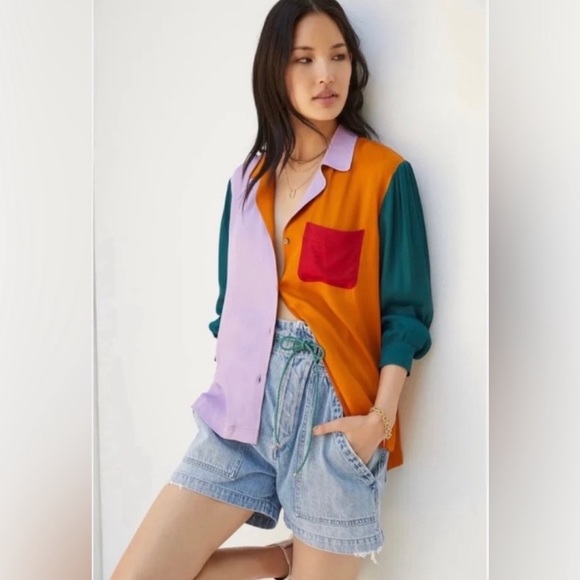 Farm Rio Colorblock Anthropologie Button Down Top - Picture 1 of 12